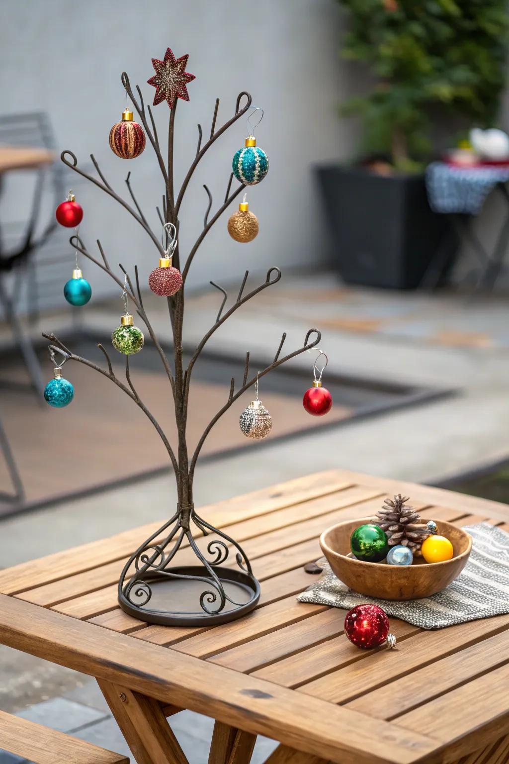 A delightful countertop arbor presentation featuring vibrant baubles.