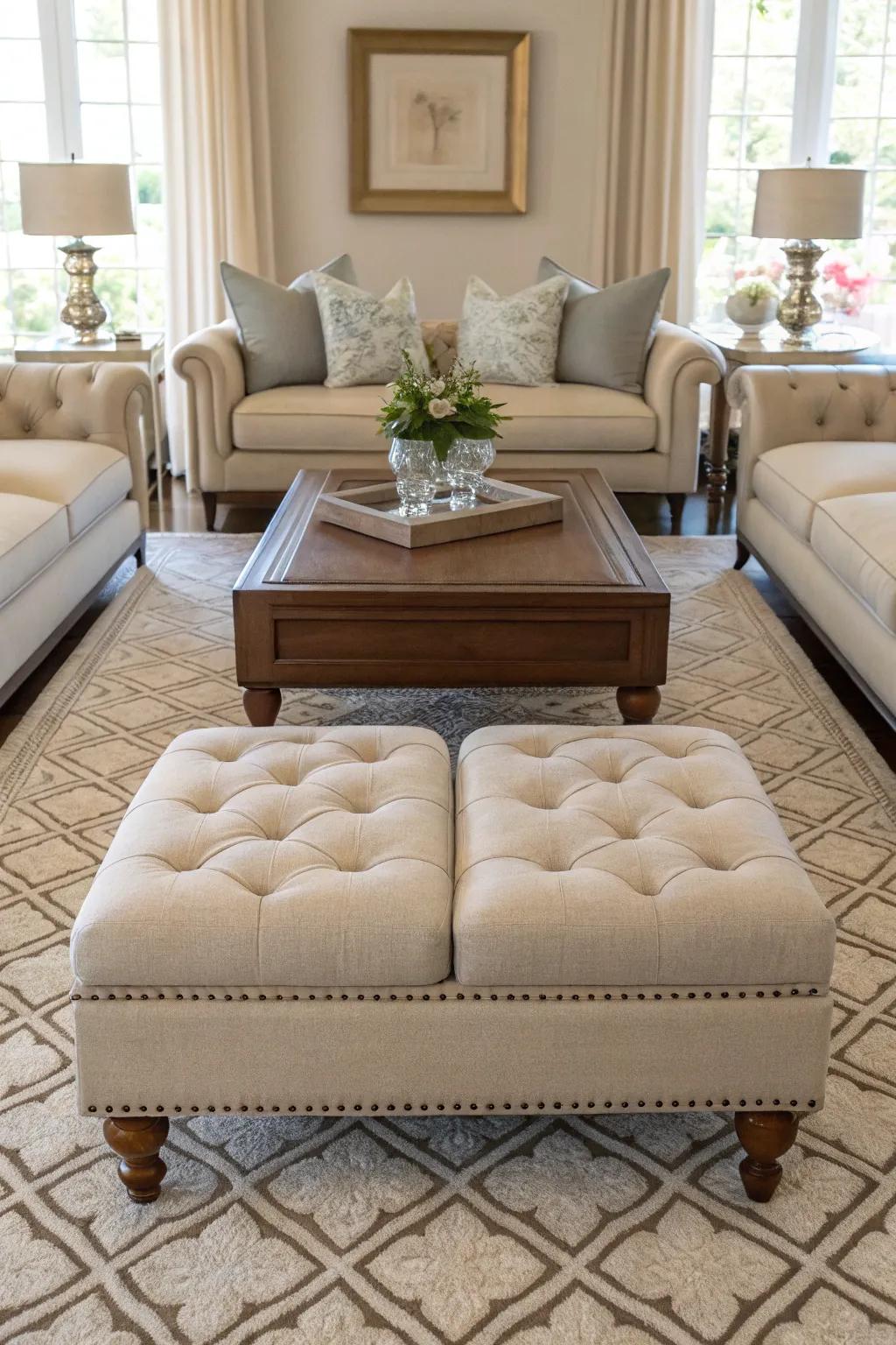 Symmetrical ottomans bringing equilibrium to the space