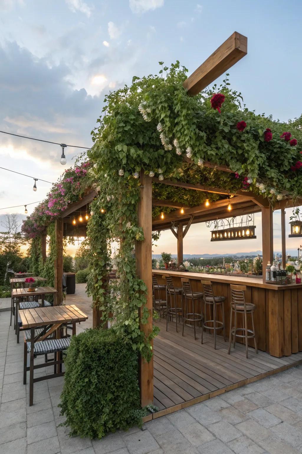 A pergola-covered bar offers stylish shelter.