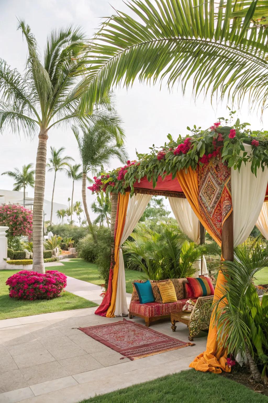 Bring the tropics to your doorstep with a vibrant and welcoming canopy arrangement.