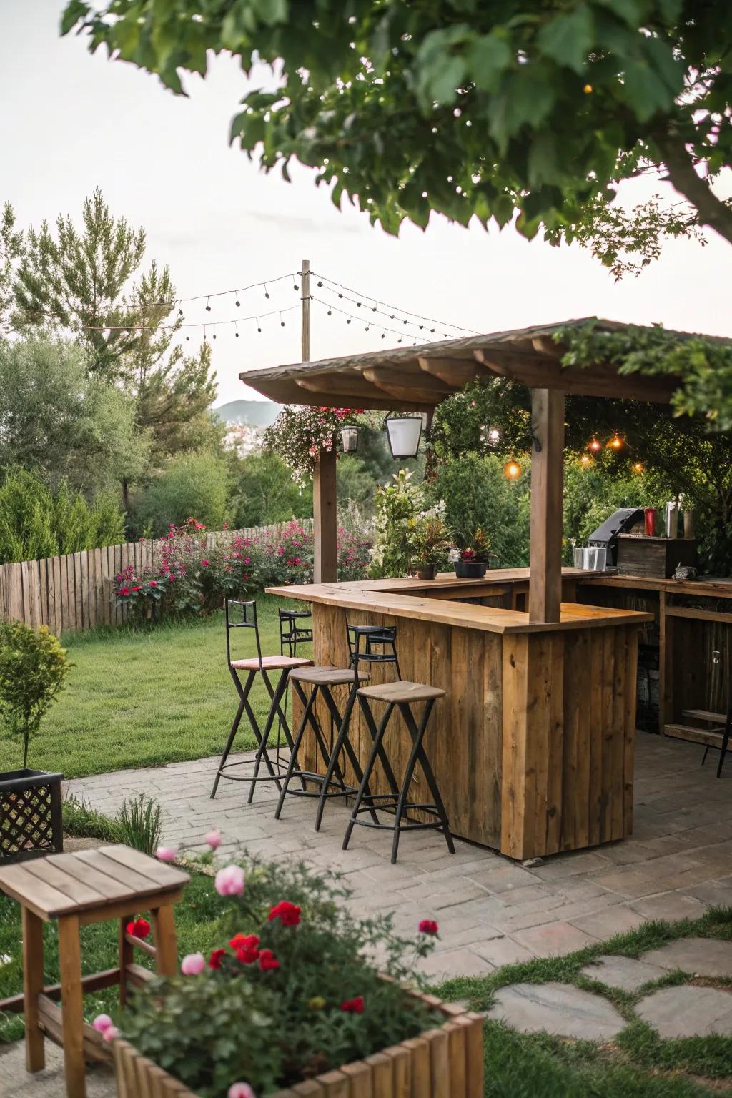 A warm, rustic timber coffee bar perfect for outdoor gatherings.