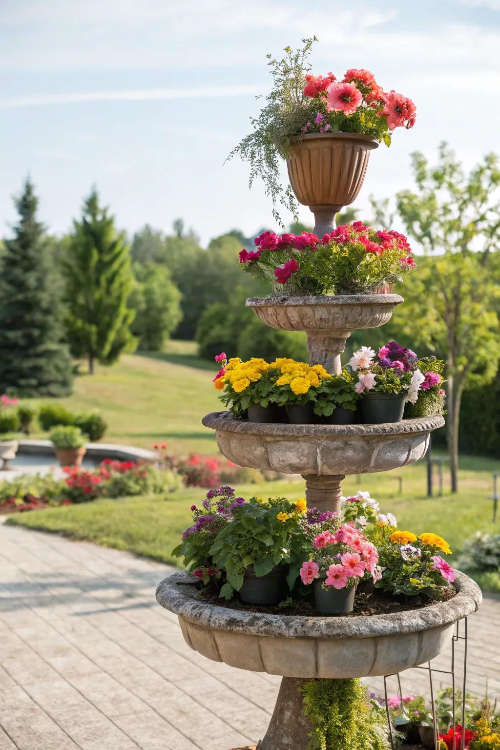 A tiered stand displaying flowers of varying heights for a striking visual impact.