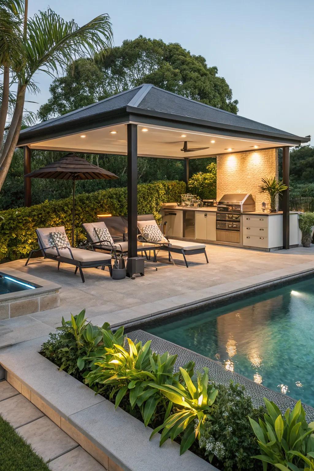 Design a poolside paradise with a stylish outdoor kitchen gazebo.