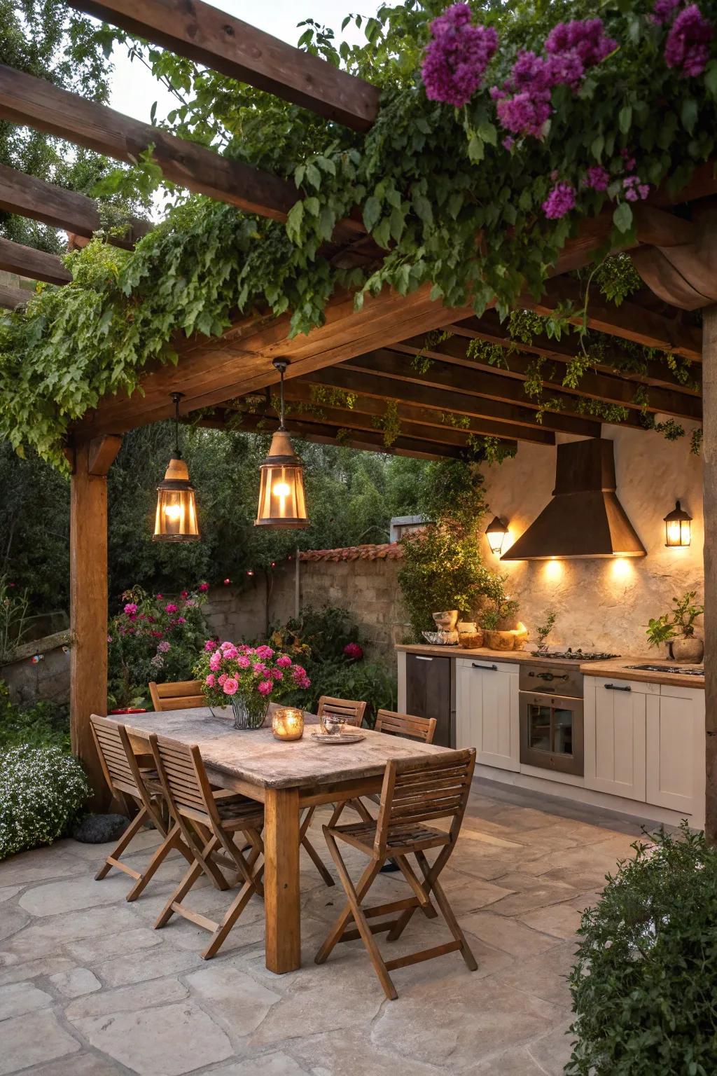 Pergolas offer elegant shade, perfect for an outdoor cooking and dining setup.