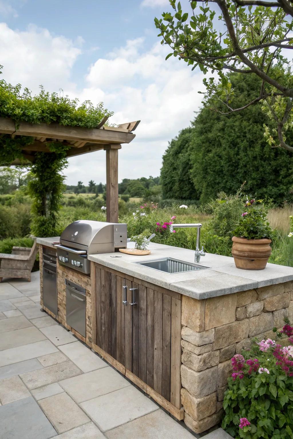 An outdoor kitchen island featuring built-in grill and sink, perfect for seamless outdoor cooking.