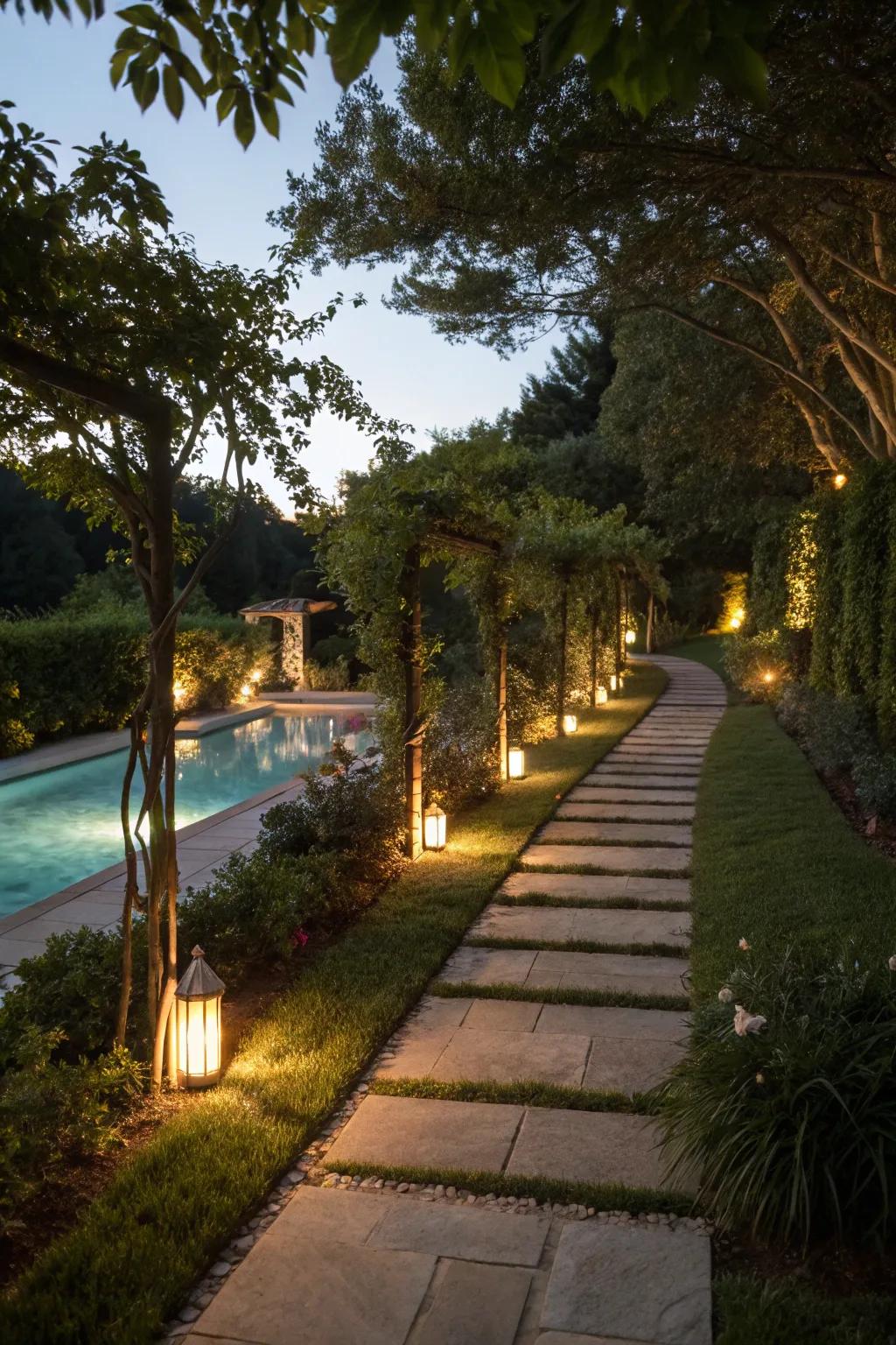 Pathway lights direct the route toward your pool while enriching the garden's allure.