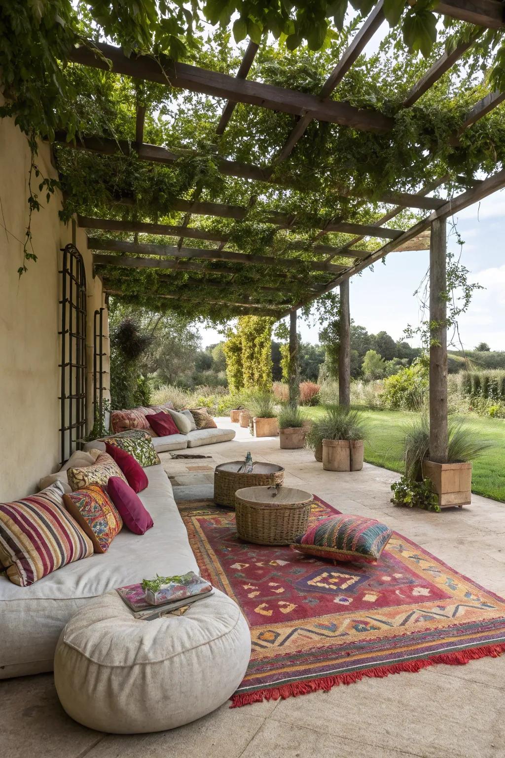 Design an inviting open-air lounge with vibrant colors and comfortable seating.