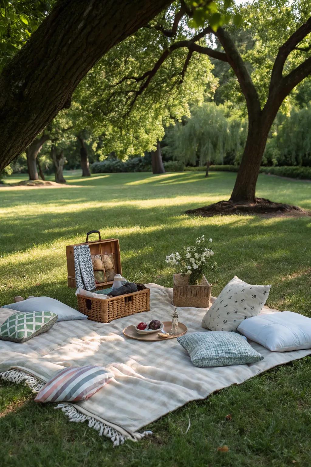 Craft a snug retreat with throws and cushions for a relaxed park hangout.