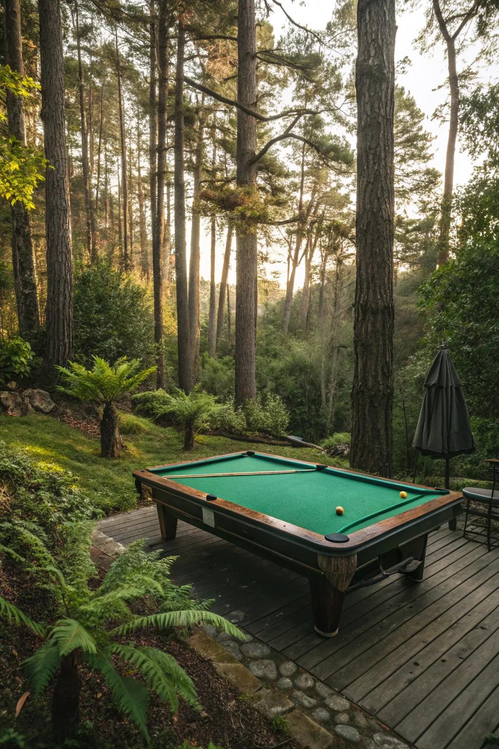 A pool table settled into a leafy garden, crafting a calm, nature-themed vibe.