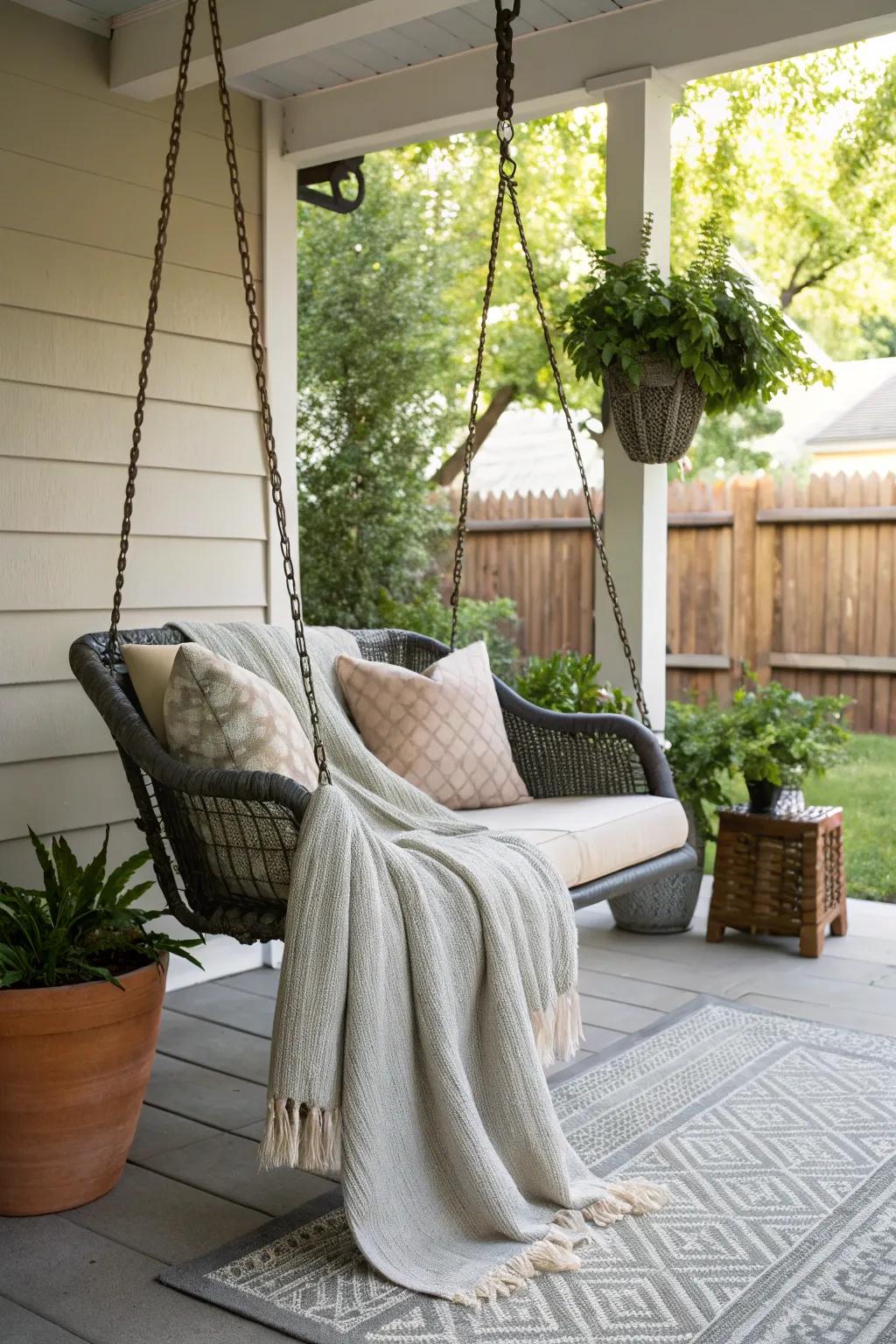 A chic suspended seat delivers a snug hideaway on this enchanting porch.