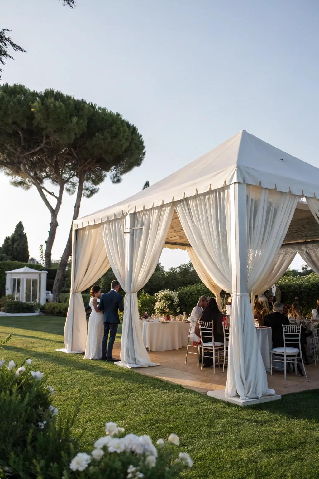 Refined textiles offer a stylish enhancement to tented celebrations.