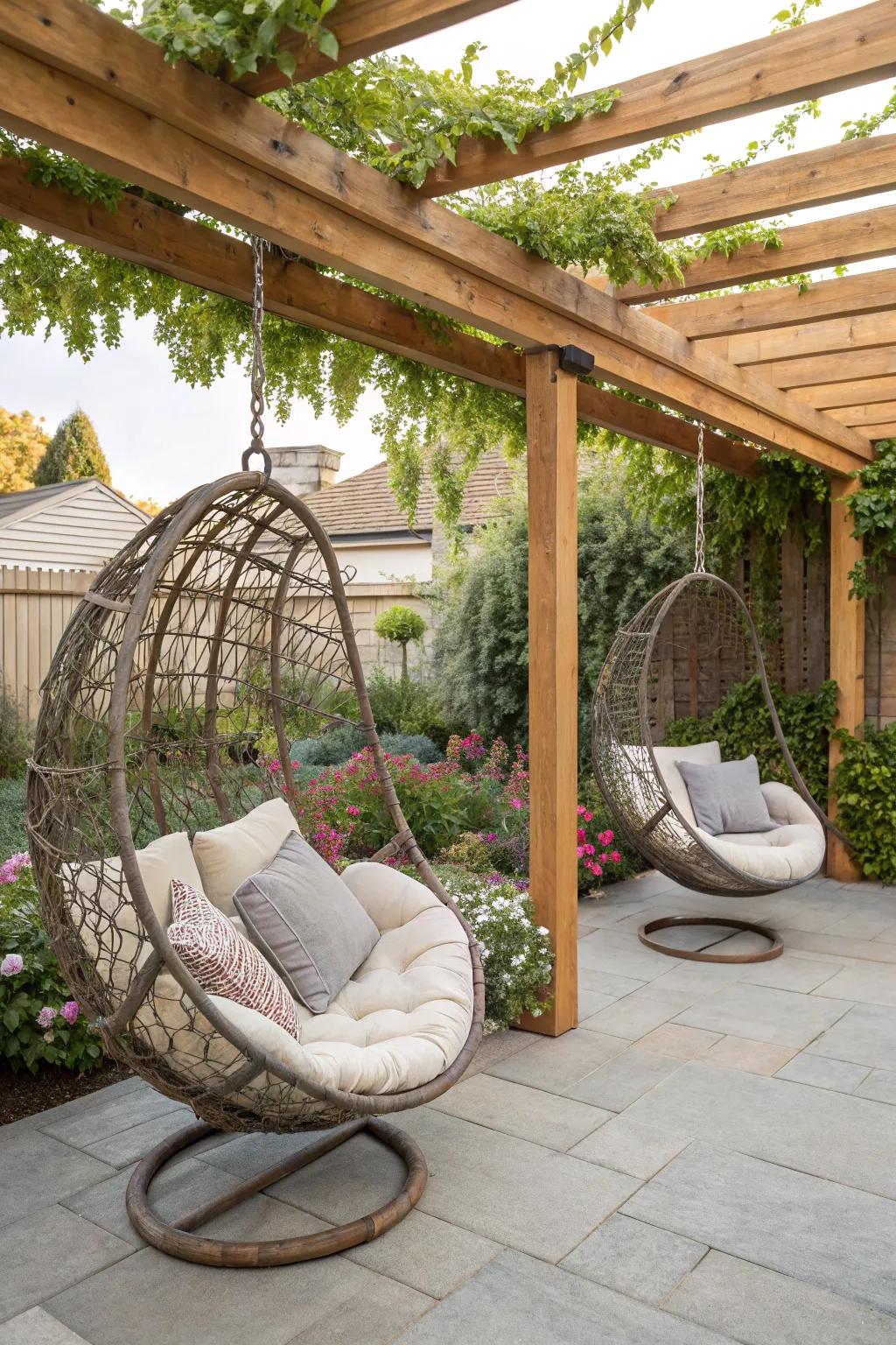 Swing chairs infuse a sense of playfulness and comfort into your outdoor retreat.