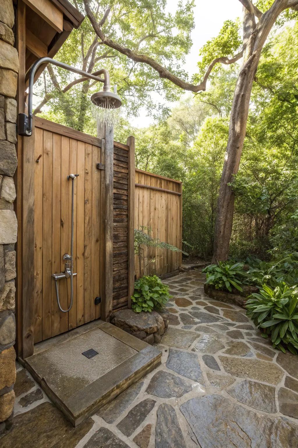 An earthy outdoor shower featuring natural rock underlayment.