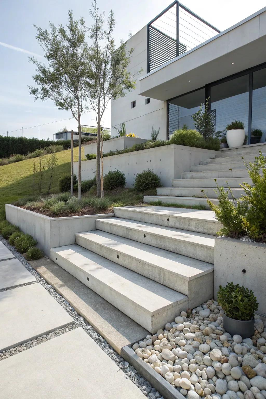Sleek cast steps deliver a modern look in a pared-down garden design.
