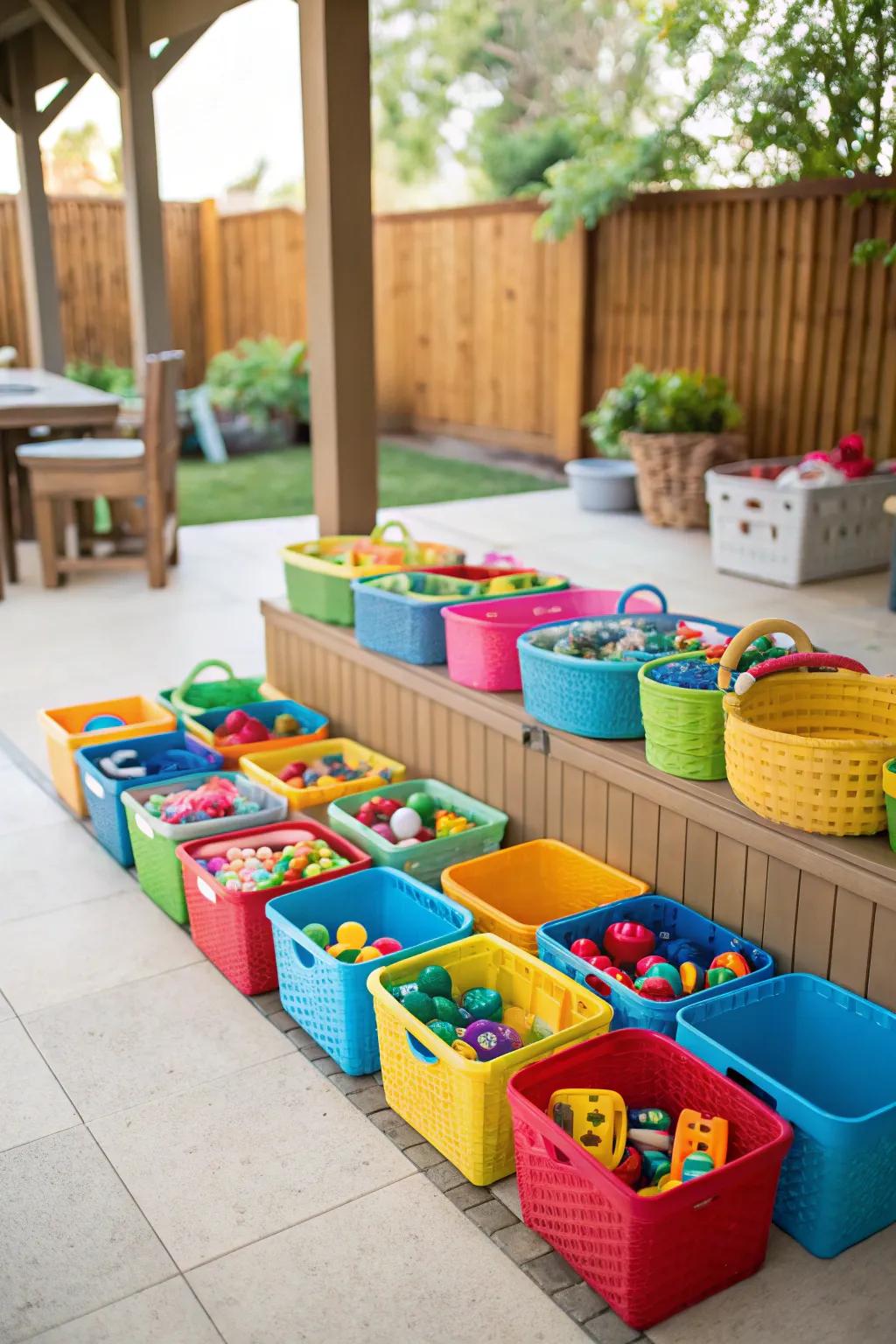 Organize toys using buckets and bins with some striking colors.