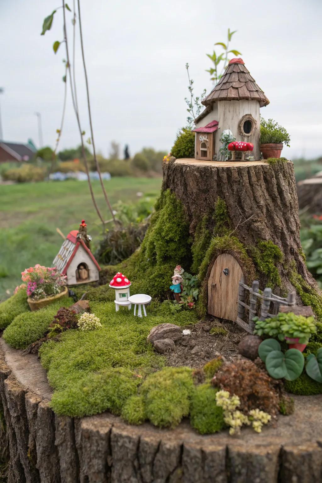 A miniature wonderland turns a tree stump into a magical escape.