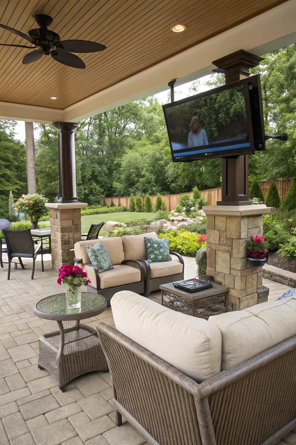 A swivel mount provides adaptable viewing angles for open-air TV entertainment.