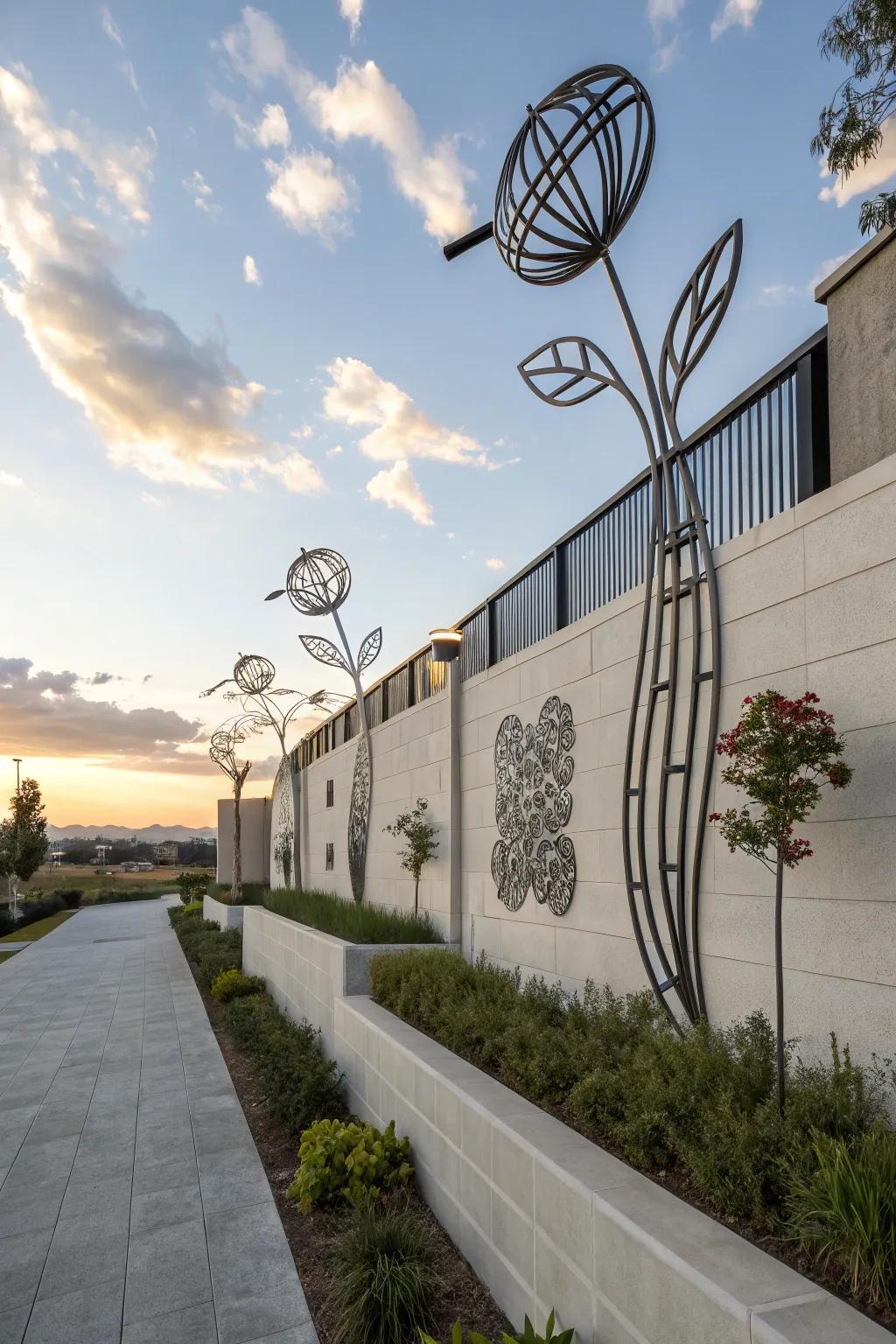 Metal artwork introduces a contemporary touch to outdoor spaces.