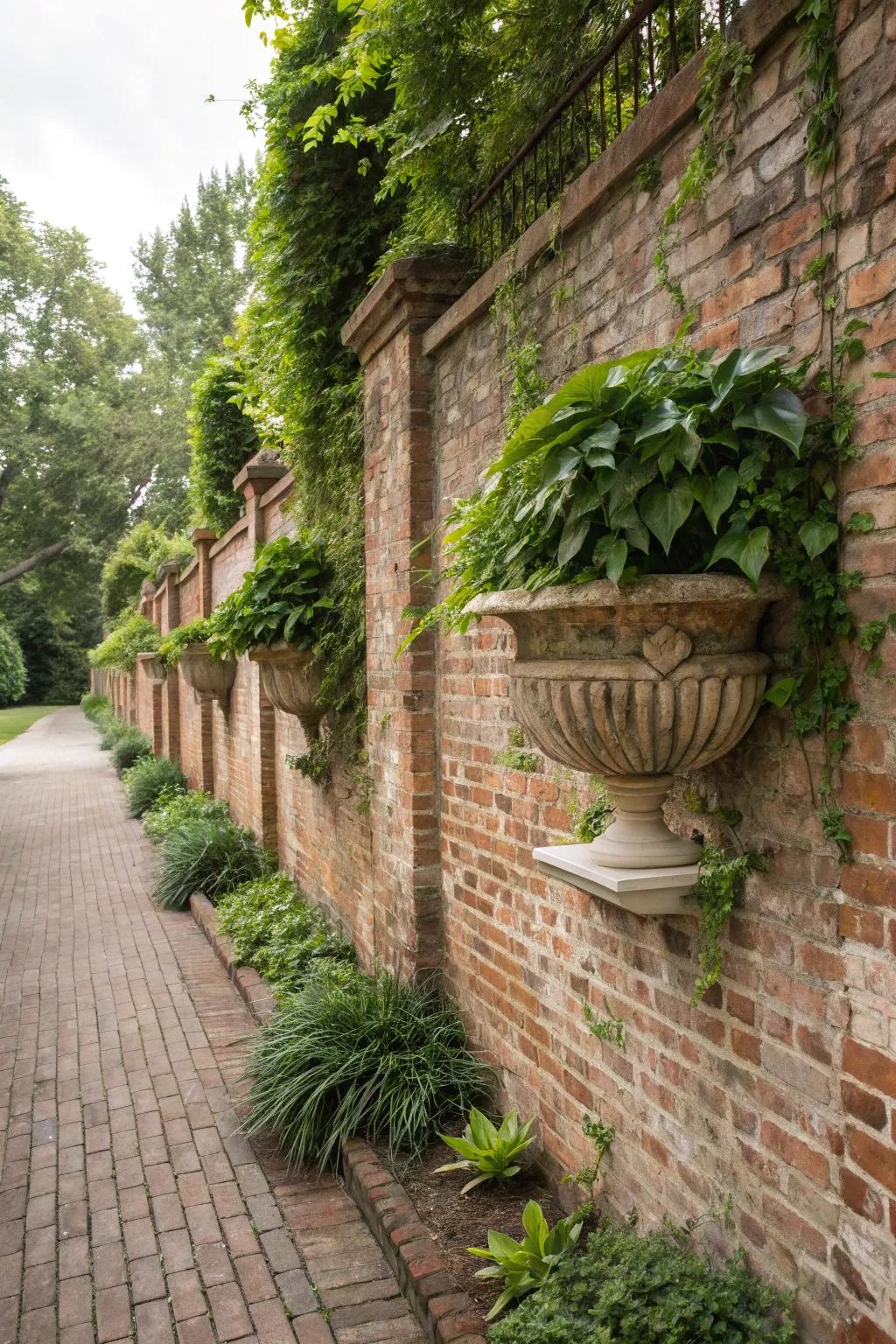 Rustic elegance harmonizes with natural splendor through brick wall planters.
