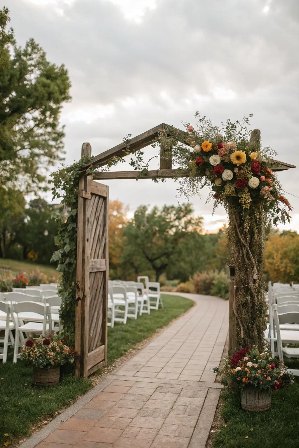 A country-style archway warmly greets guests with its organic allure.