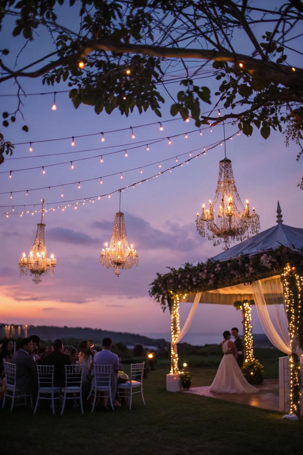 Light up your wedding using lights and suspended fixtures.