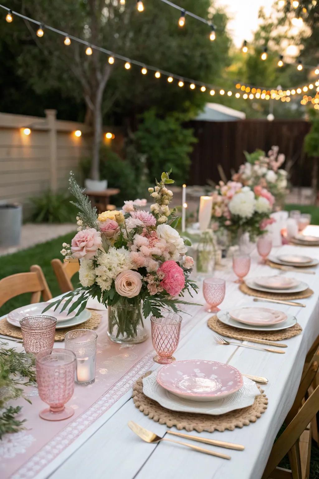 An exquisitely arranged tablescape perfect for an outdoor baby shower.
