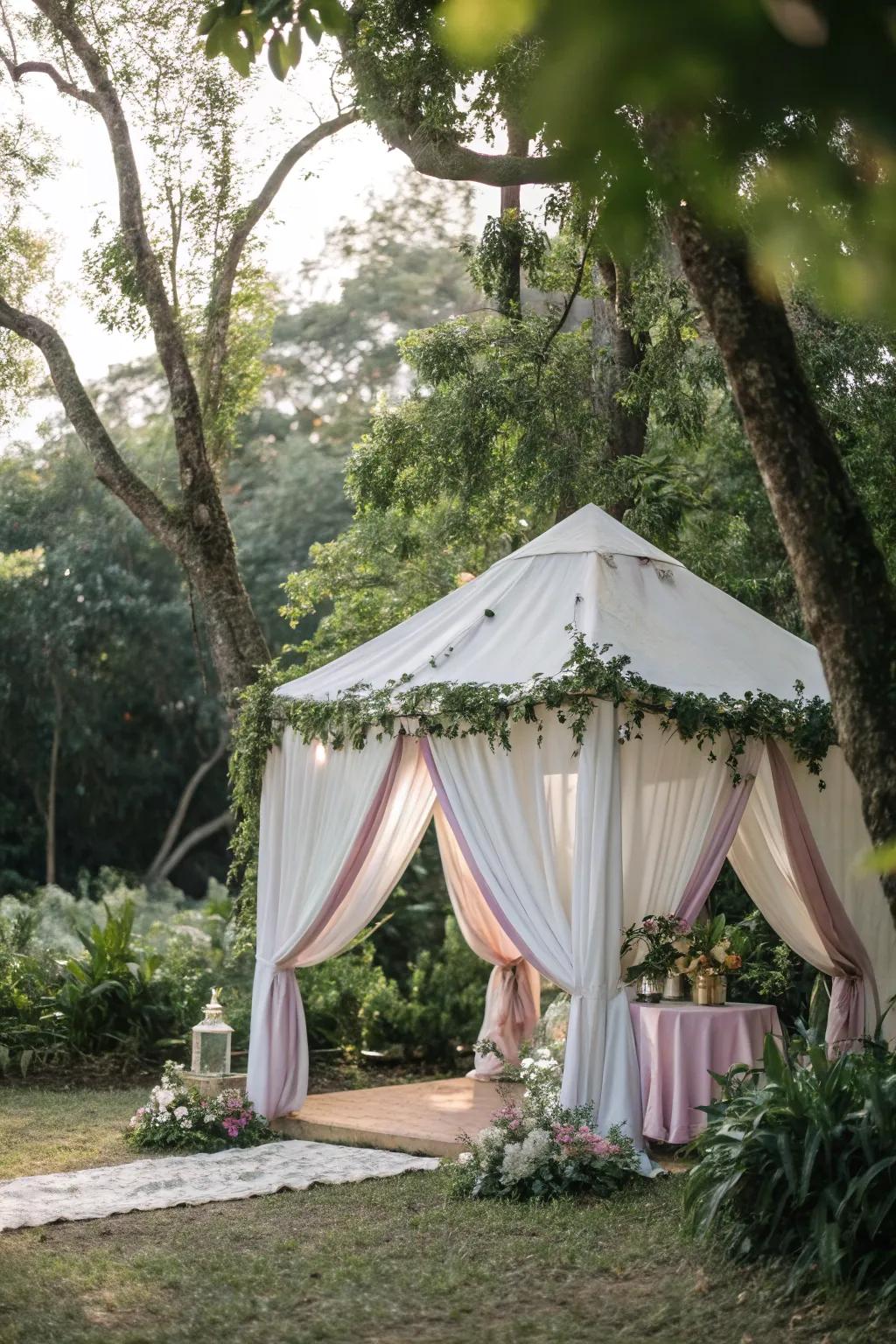 Gentle drapery transforms the tent into a whimsical retreat.