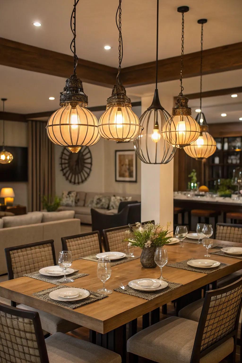 Assembled drop lights present modern sophistication and measurement.