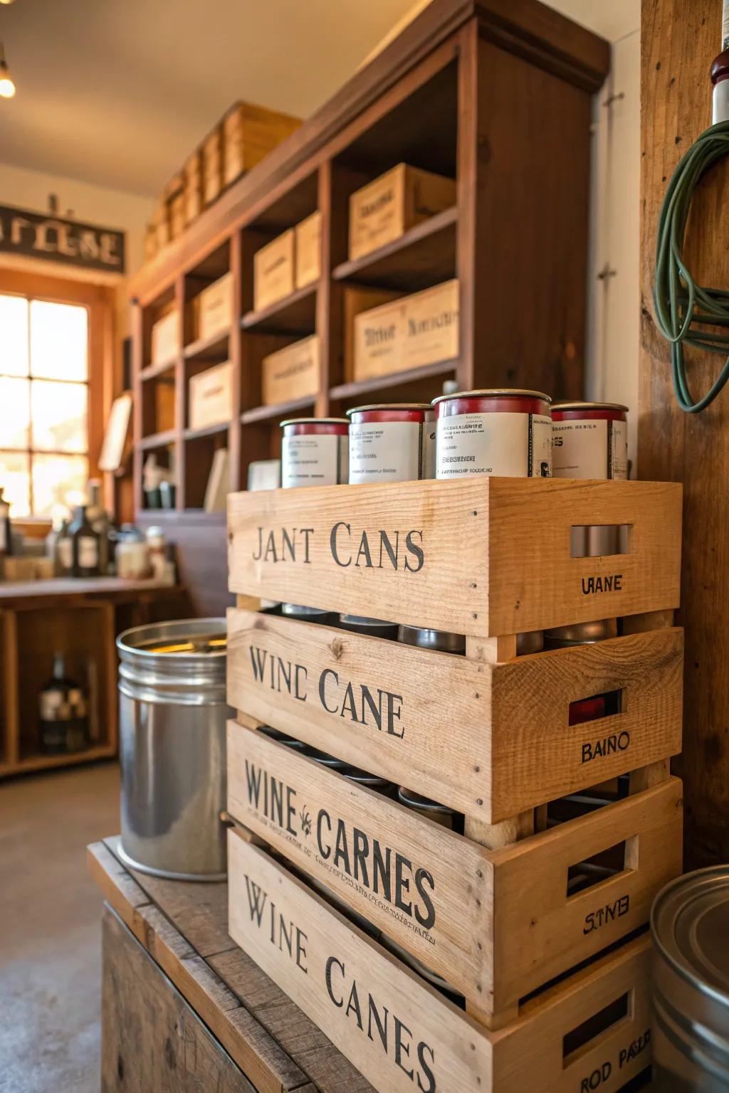 Upcycled beverage crates stacked and labeled for paint can storage.