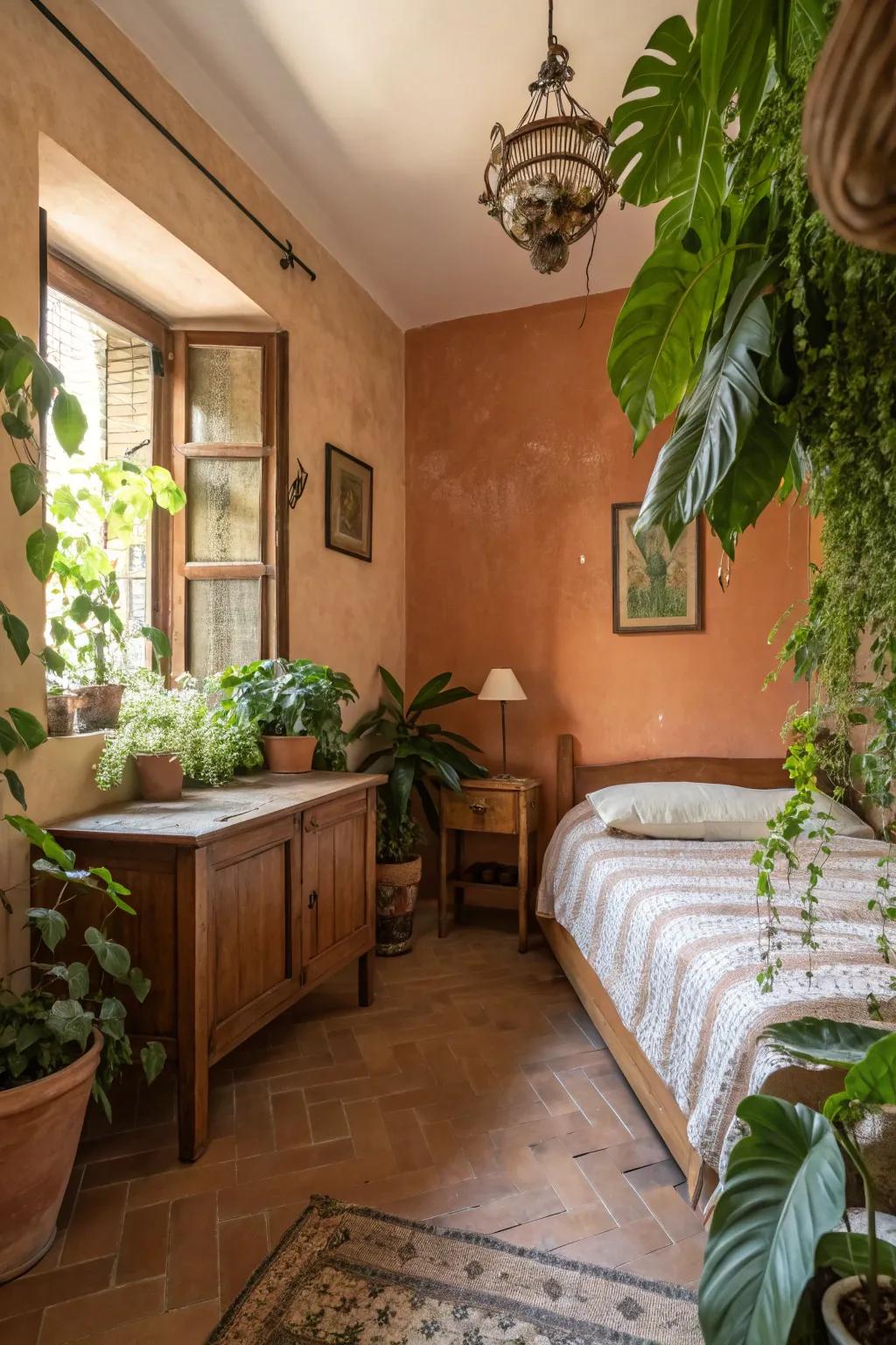 Comforting earthy tones set up a snug, inviting feel within small bedrooms.