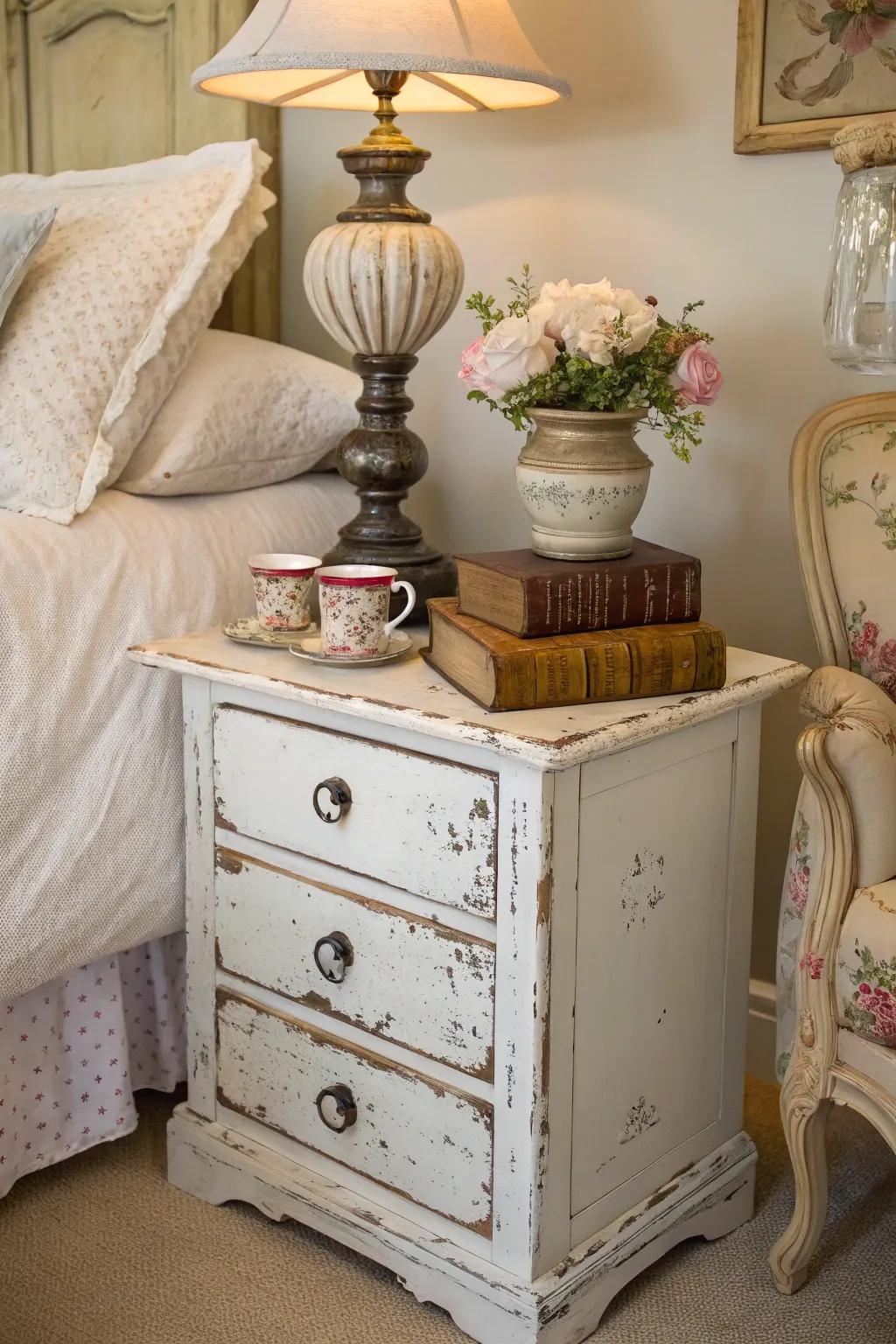 Embrace the charm of a shabby-chic nightstand for a cozy touch.