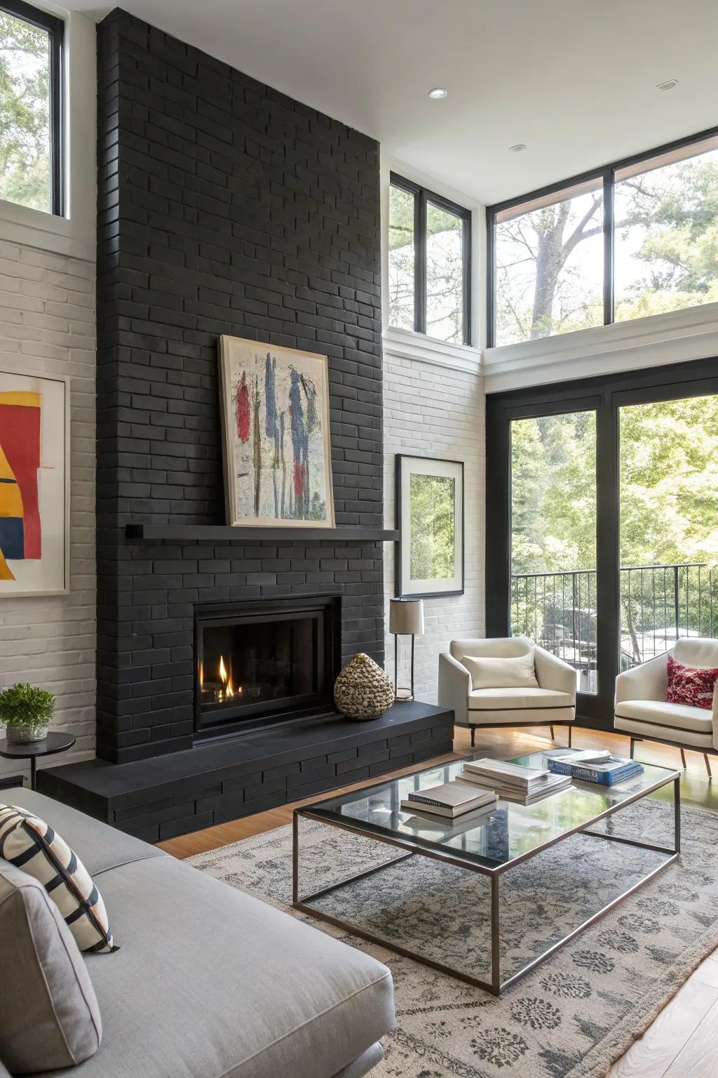 A fireplace painted black makes a striking focal point.