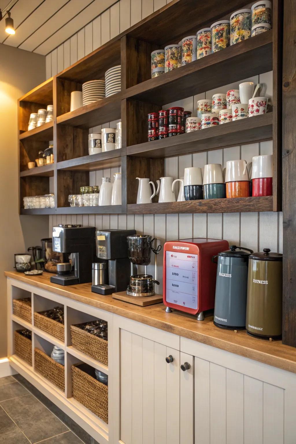 Vertical shelves transform a pantry into an organized coffee haven.