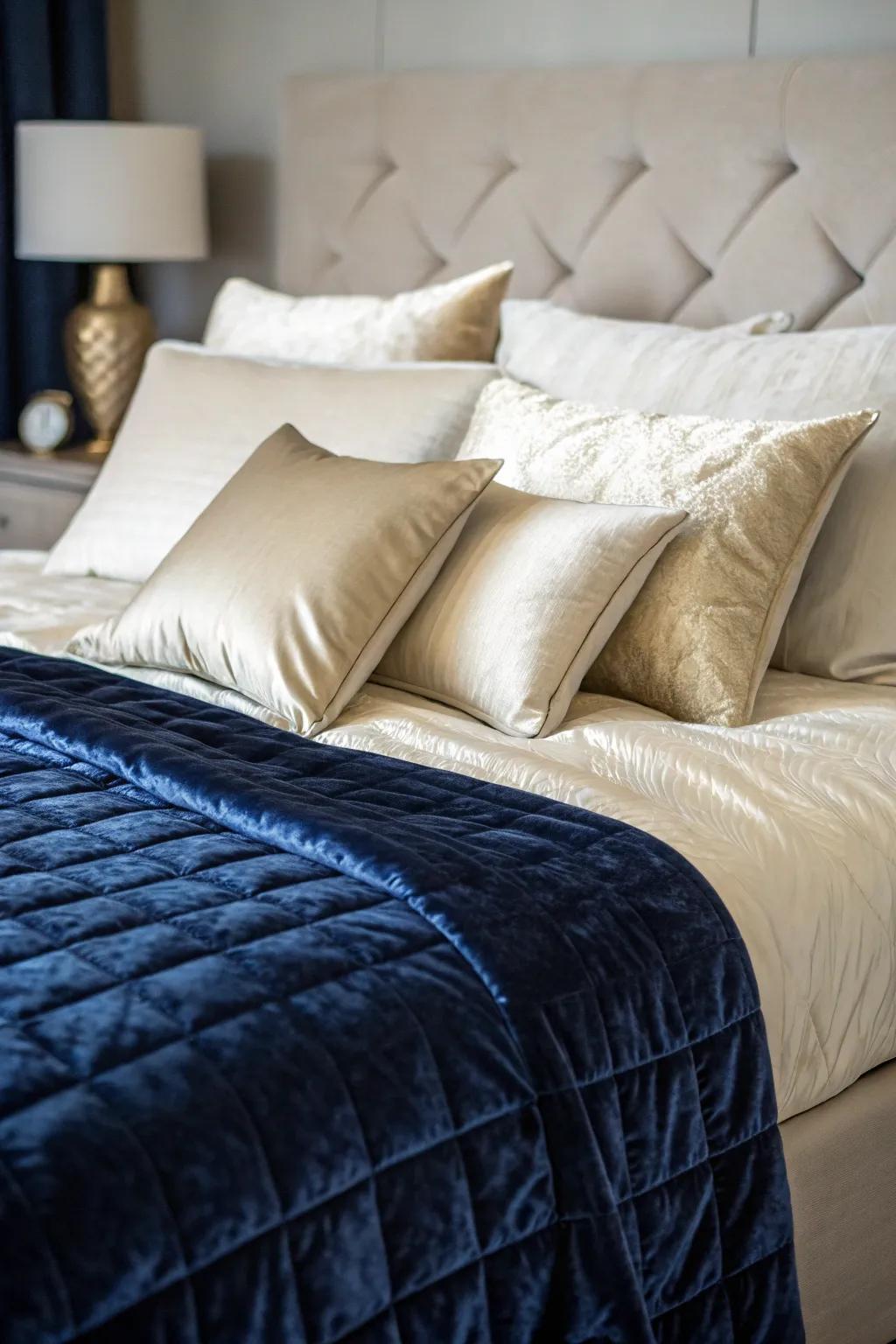Luxurious materials in bedding establish a welcoming atmosphere.