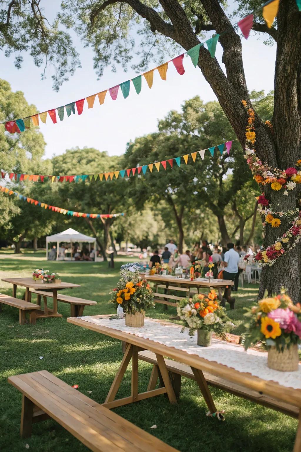 Floral garlands and wooden centerpieces enhance the natural beauty.