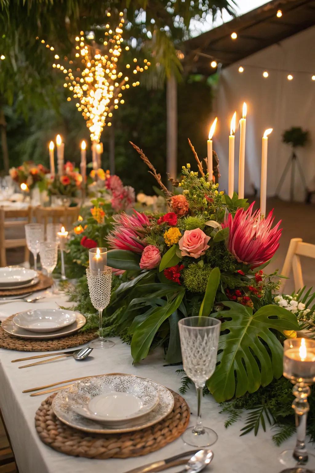 Lush floral arrangements injecting a burst of color into a party table