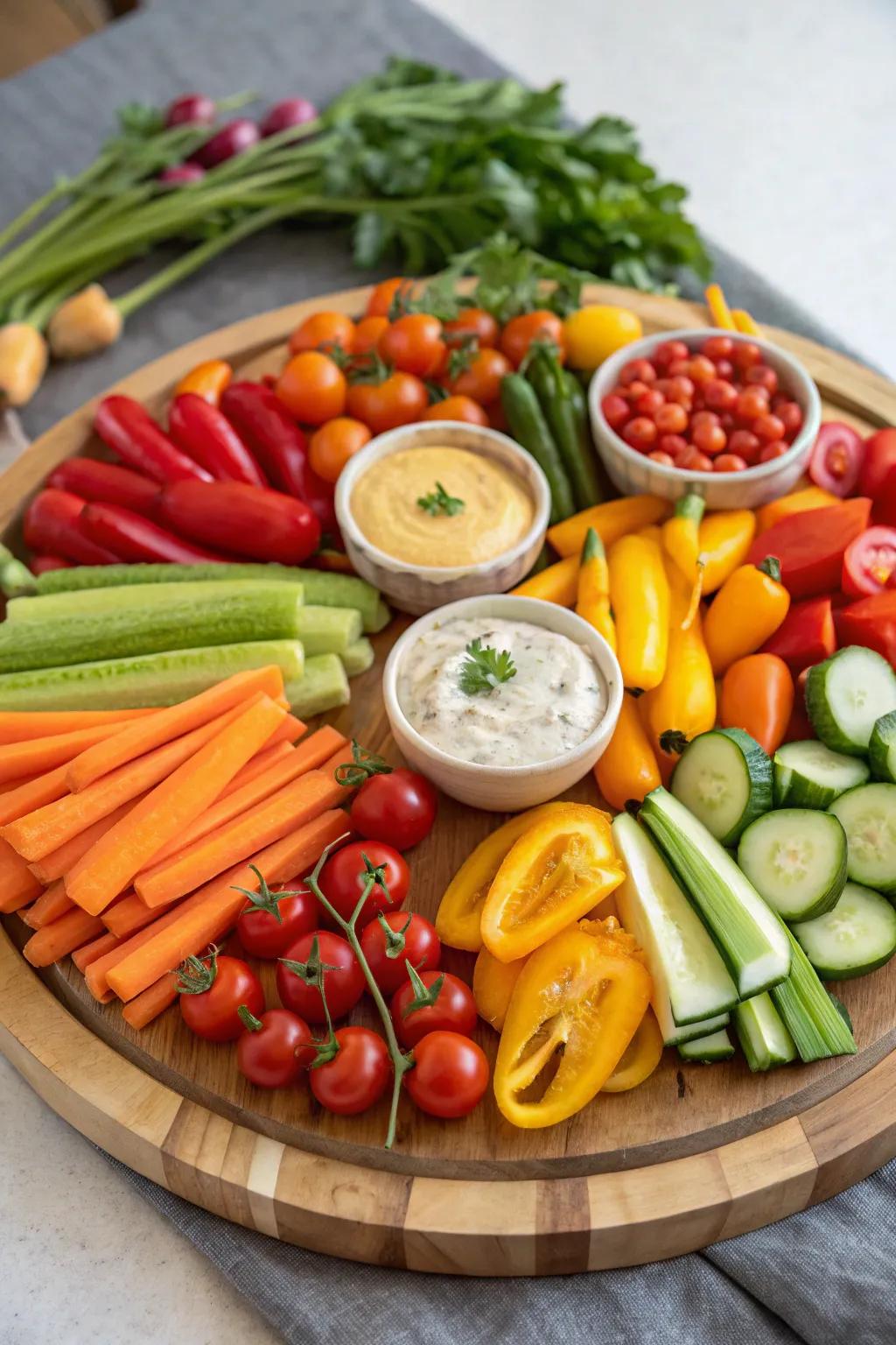 A lively assortment of crisp vegetables complemented by delectable dips.