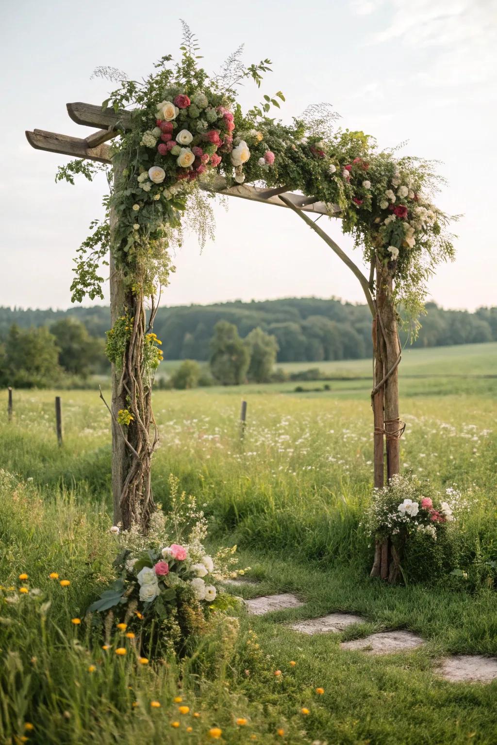 A rustic gateway beautifully embellished with greenery and flowers.