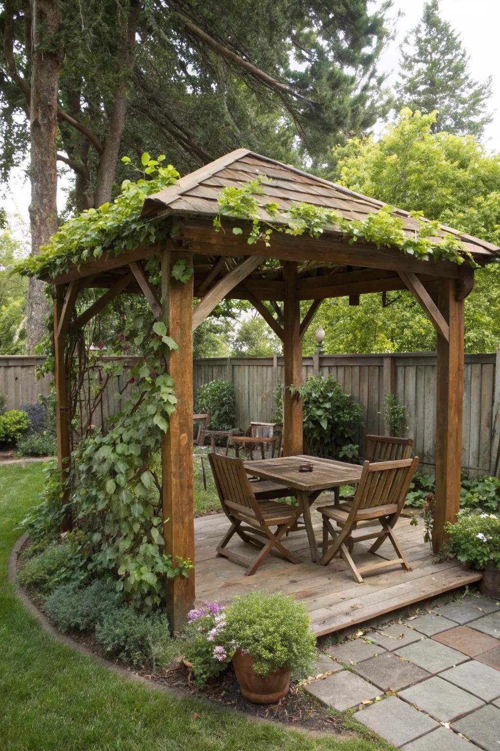 A timber summerhouse radiates countryside charm and shelter from the rain.