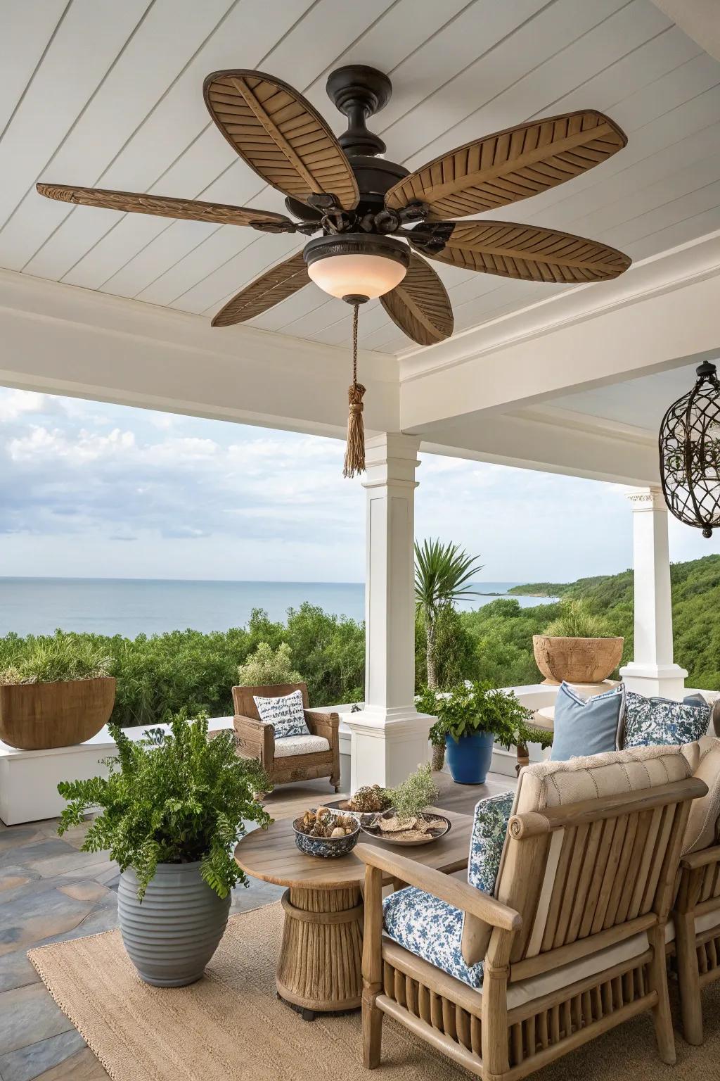 A nautical-themed patio with a rope-accented ceiling fan.