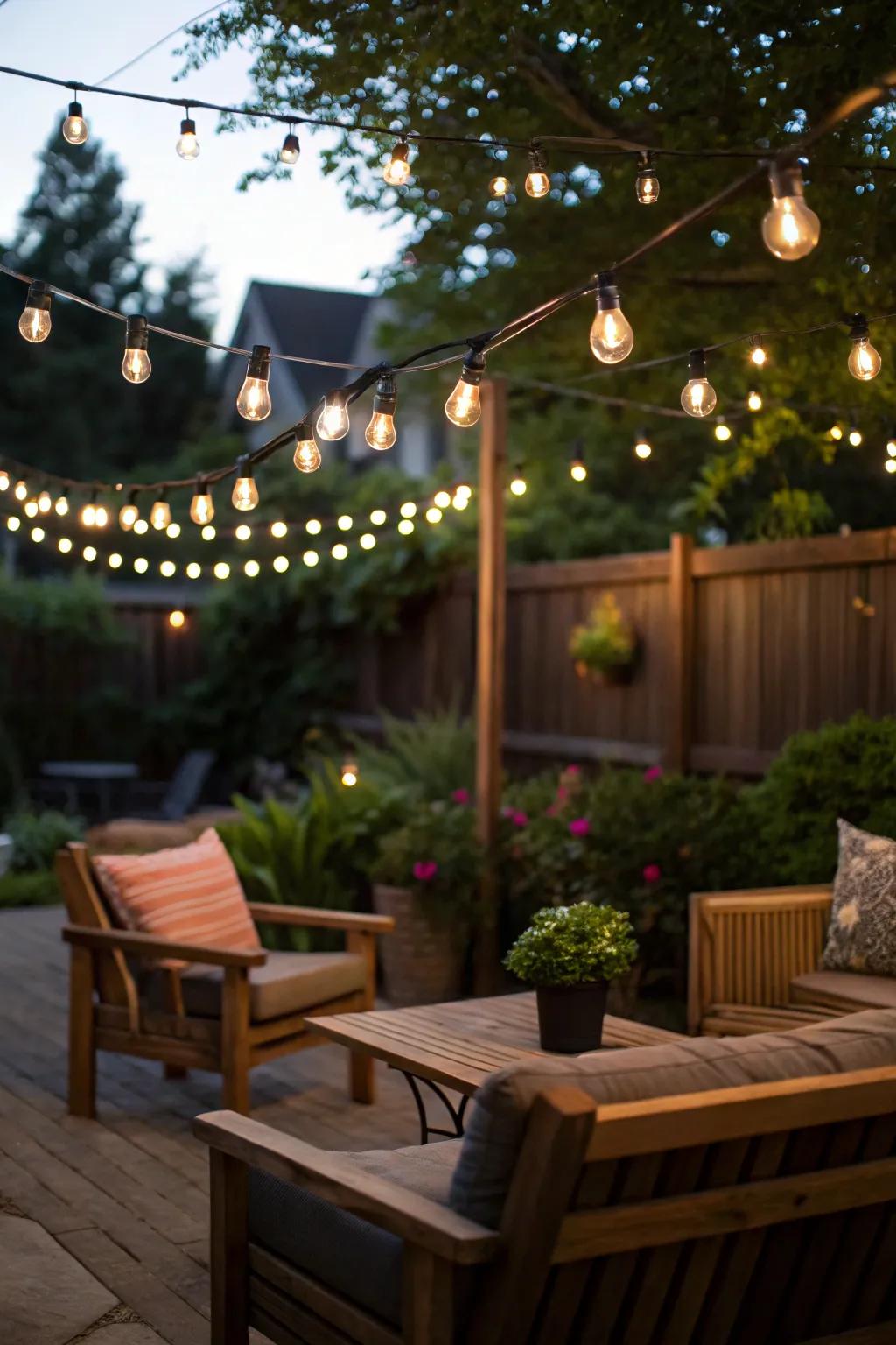 A patio aglow with string lights draped above a cozy seating area.