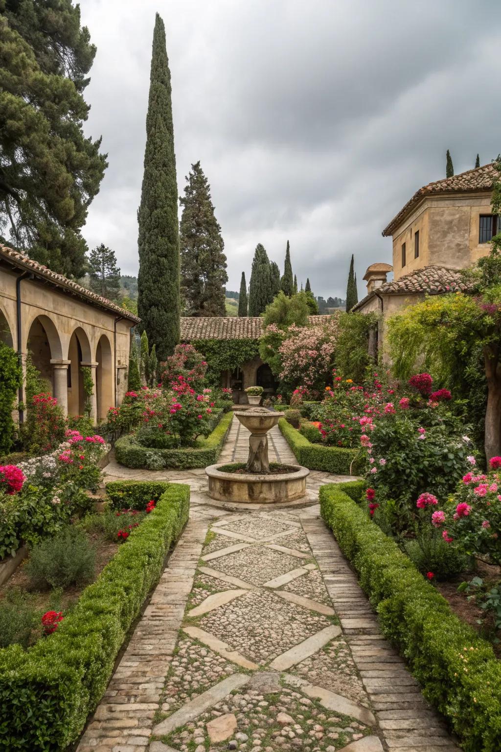 Flagstone walkways contribute to the sophisticated appeal of this Italian garden.