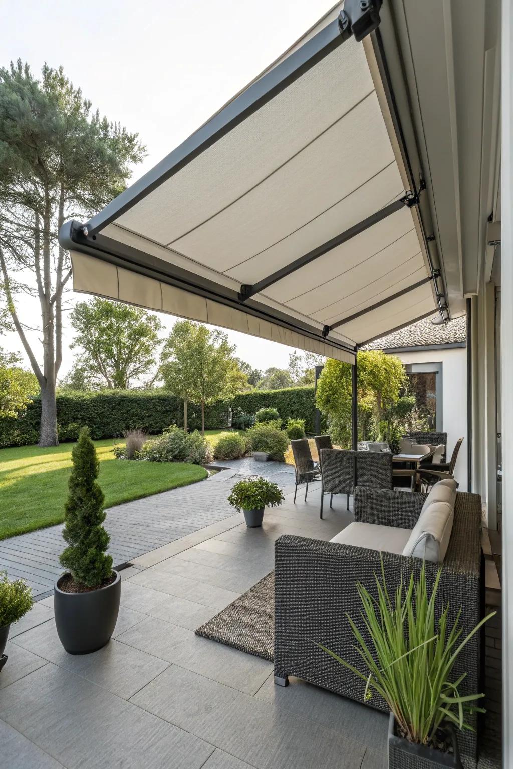 Retractable awnings deliver shade on demand, perfect for changing weather.