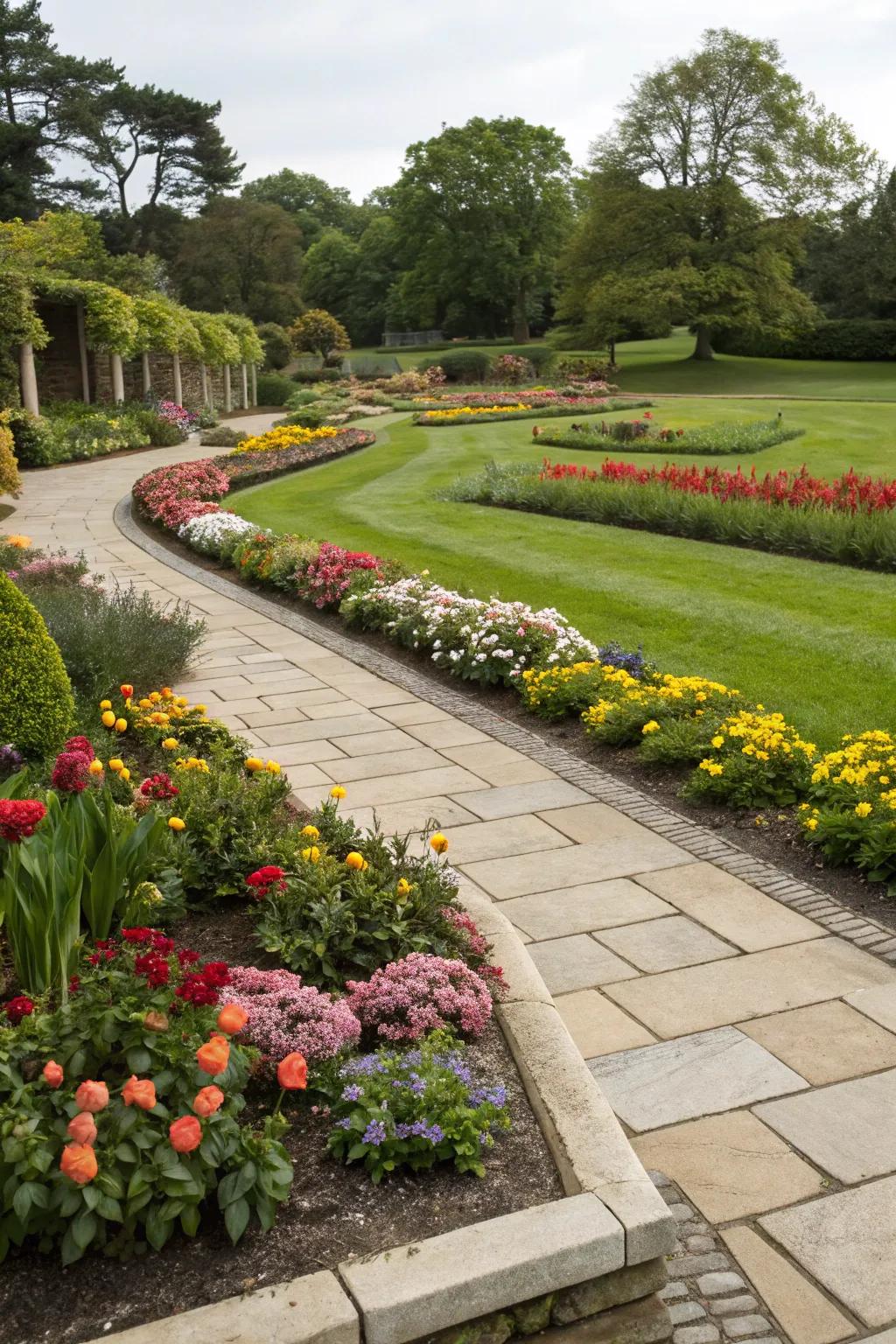 Paver edging delivers a pristine and defined border for flower beds.