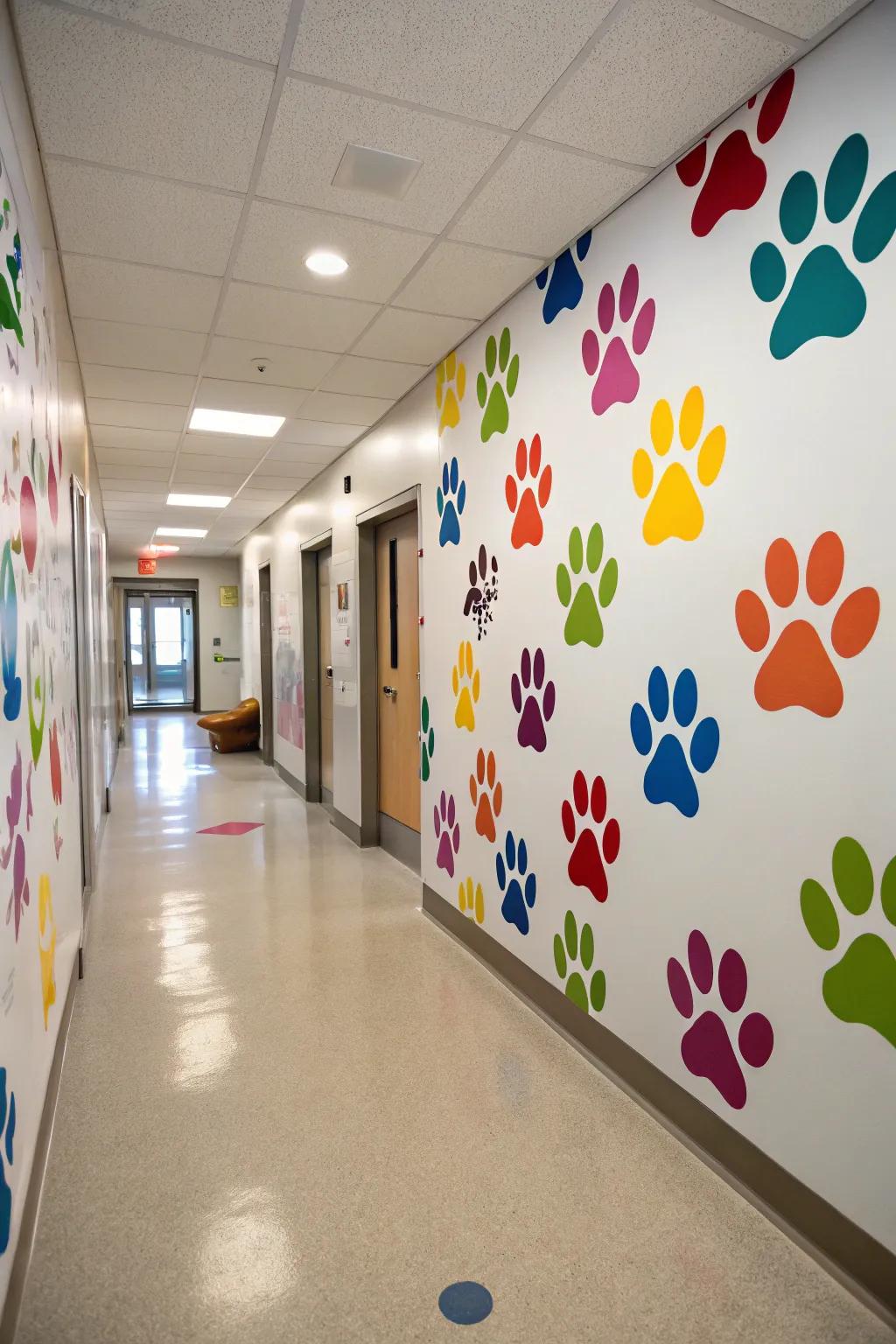 Vibrant paw print decals brightening up a corridor.