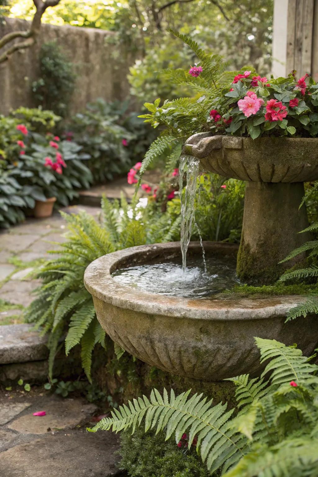 A tranquil fountain provides soothing sounds in the garden.