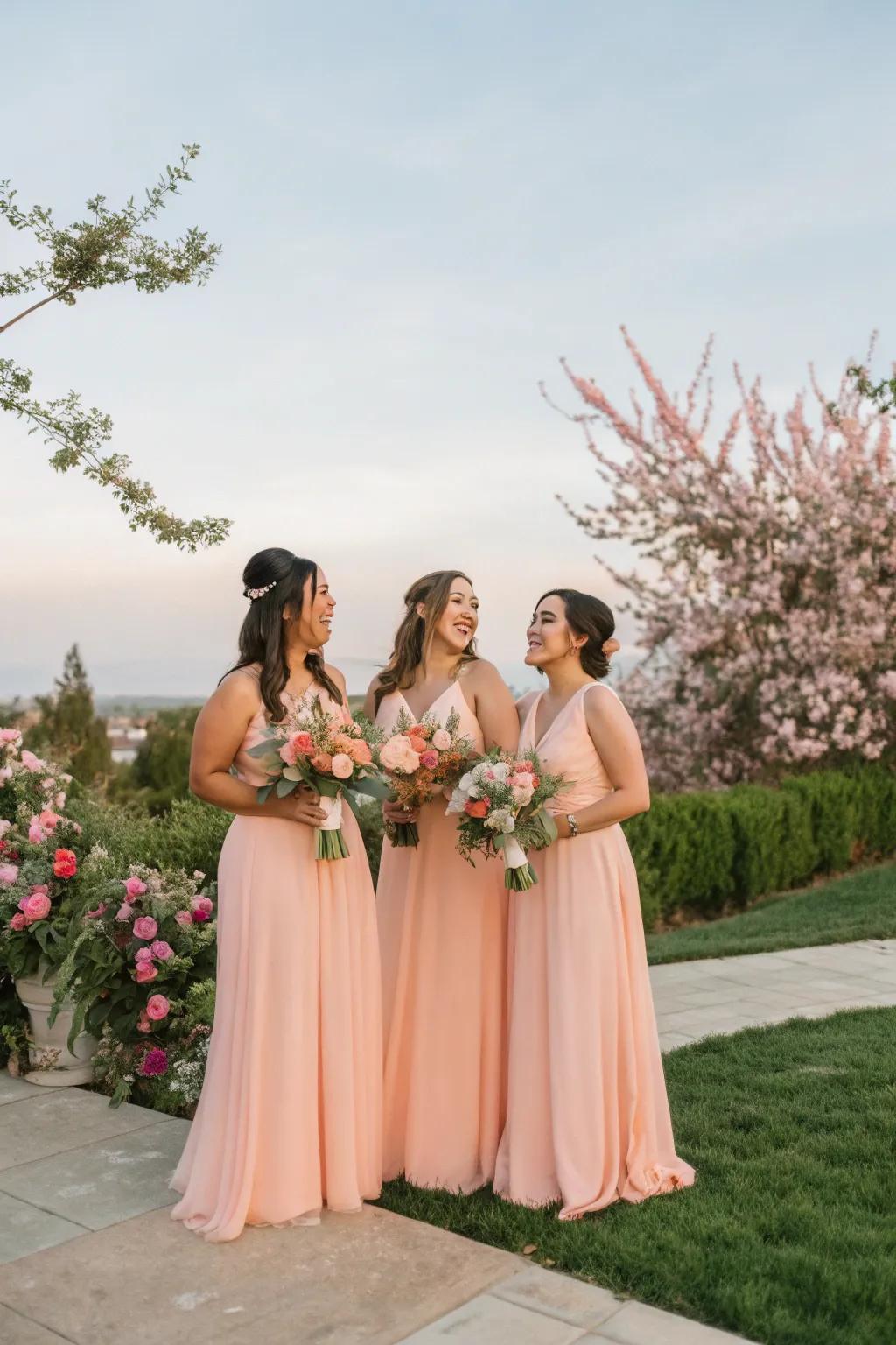 Sophisticated peach bridesmaid dresses enhancing the matrimonial aesthetic.