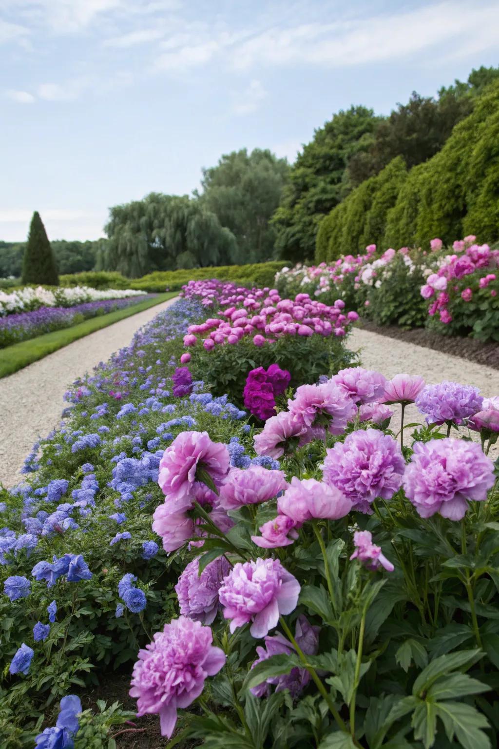 Peonies coupled with harmonious blooms create a mesmerizing contrast.