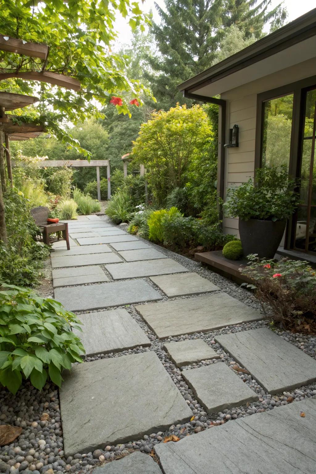 Stone slabs and gravel create a seamless blend of nature and functionality.