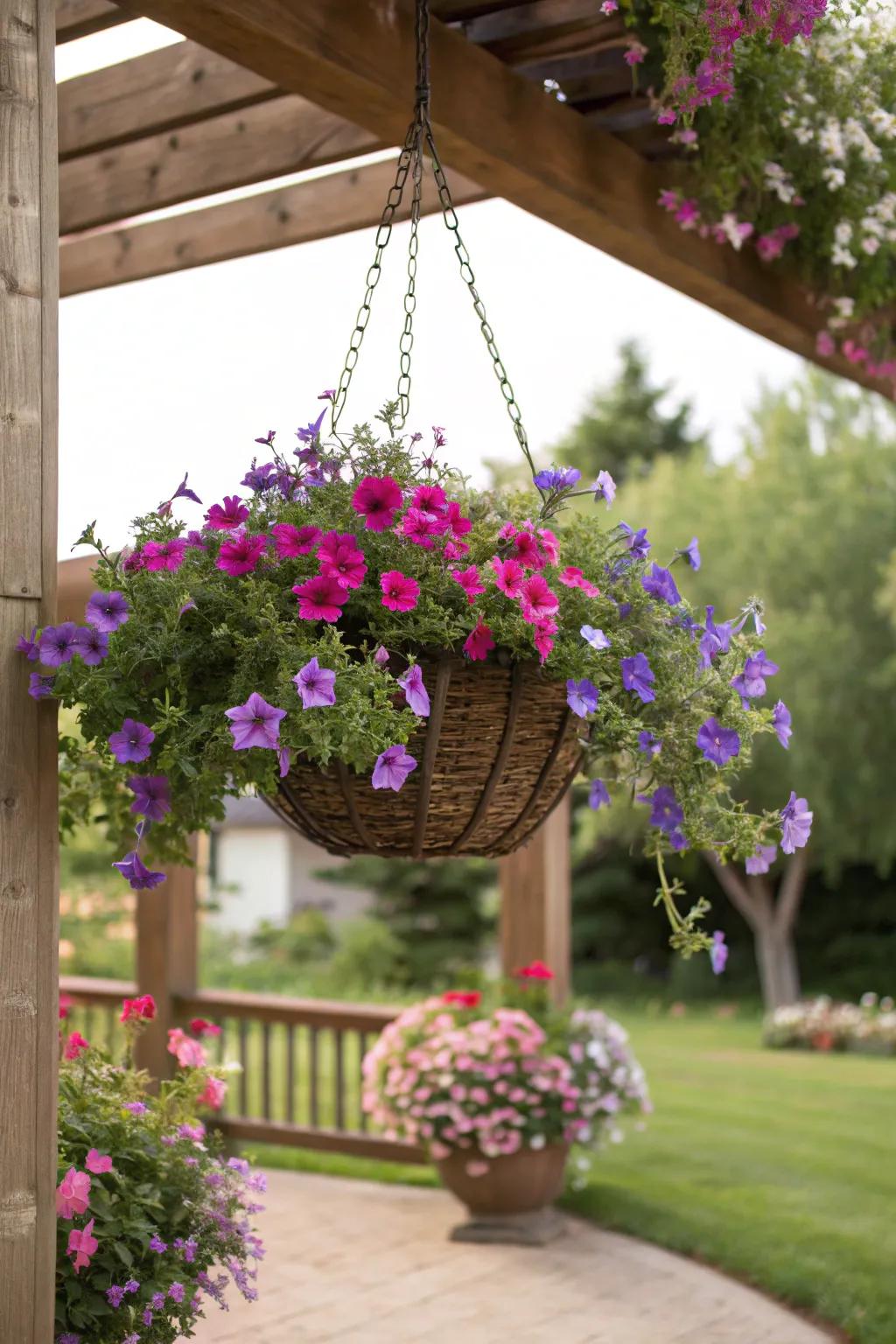 A lively, vertical display is created as lobelia and petunias gracefully cascade over the edges.